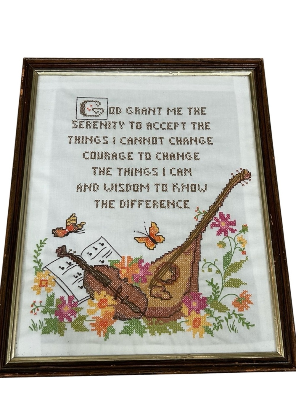 Vintage Framed Cross Stitch Serenity Prayer Wall Art, Folk Art
